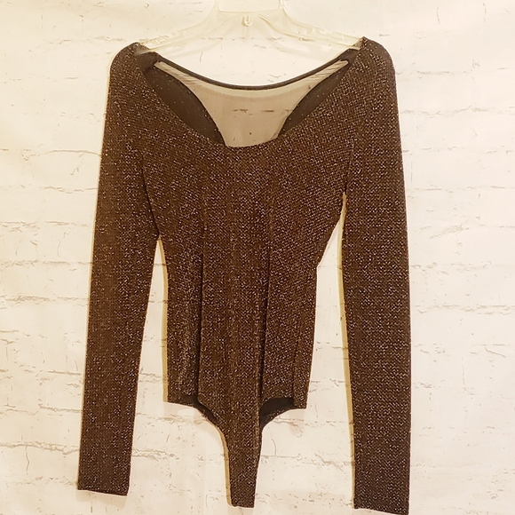 Arden B Black and Metallic Gold/Bronze Bodysuit See Through Fabric Detail - Picture 3 of 3